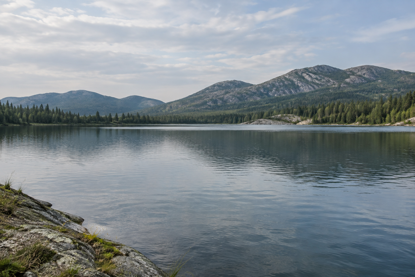 A calm lake and distant mountains, a nature illustration