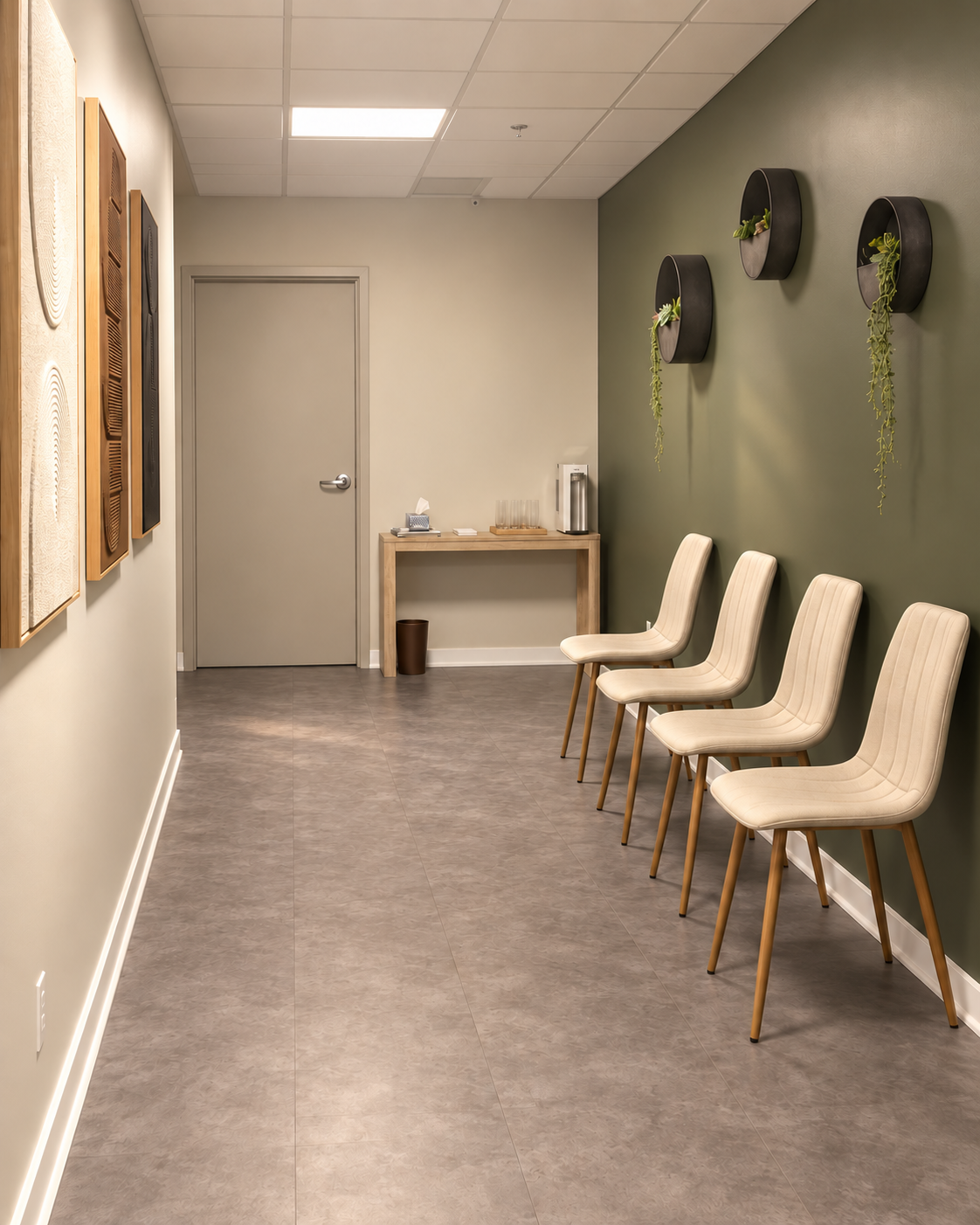 A chair in the office waiting area, with a plant and artwork on the wall