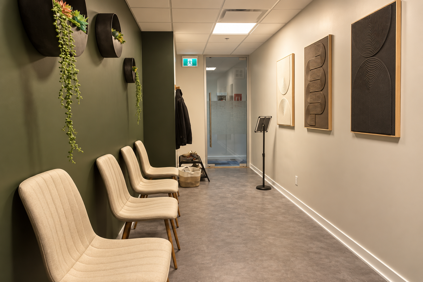 The office reception area, with plants and artwork on the walls