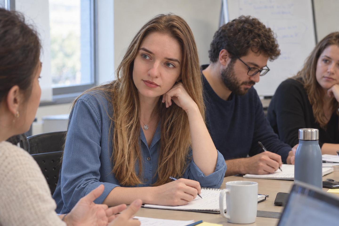 Professional illustration of Diana at a table, listening to workshop participants
