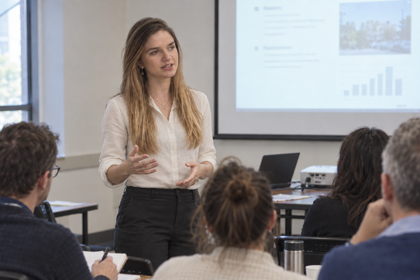 Professional illustration of Diana giving a conference presentation to a group